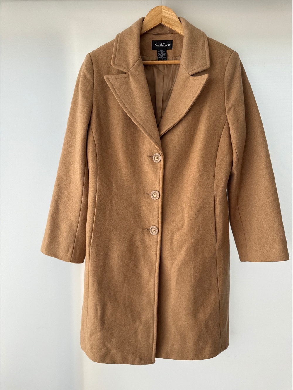 NorthCrest Womens Small Camel Wool Blend Long Coat Overcoat Quiet Luxury